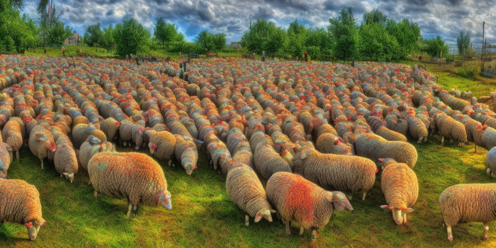 A large flock of colorful sheep. Photo. HDR.