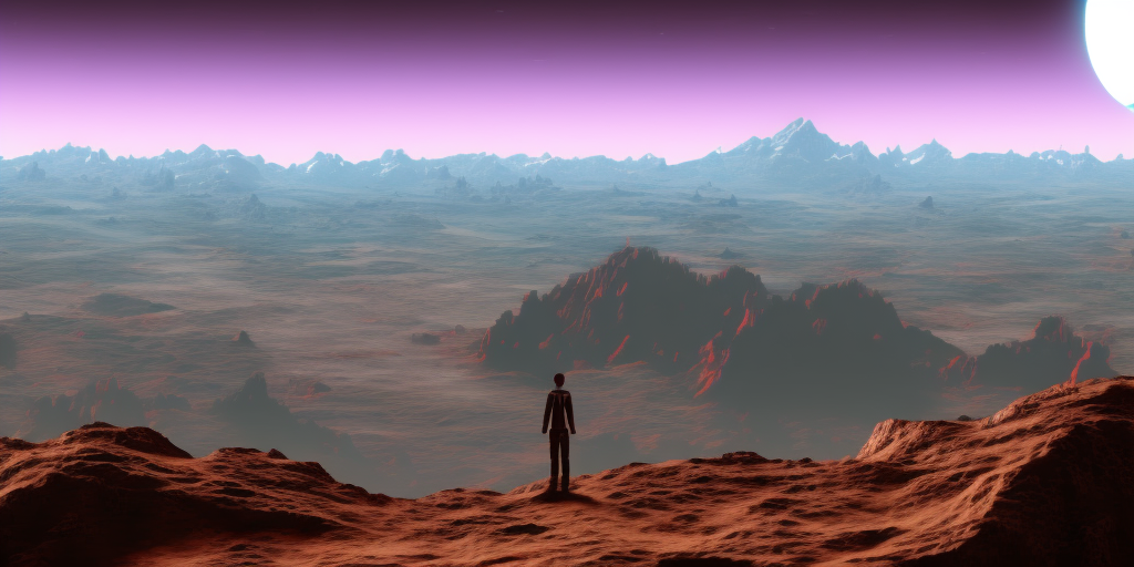Person, standing on top, looking down rolling mountains on an alien planet, HQ, 4k