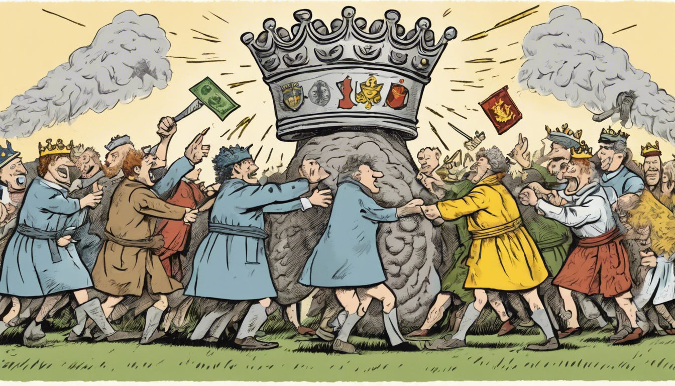 A cartoon of two groups of people pushing against each other, and a brain-like rock with a crown in the middle. One protester is waving a dollar bill. Another waves a flag. Some people are wearing crowns.