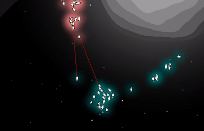 Kadigan gameplay, showing ships with lasers attacking each other on an RTS map