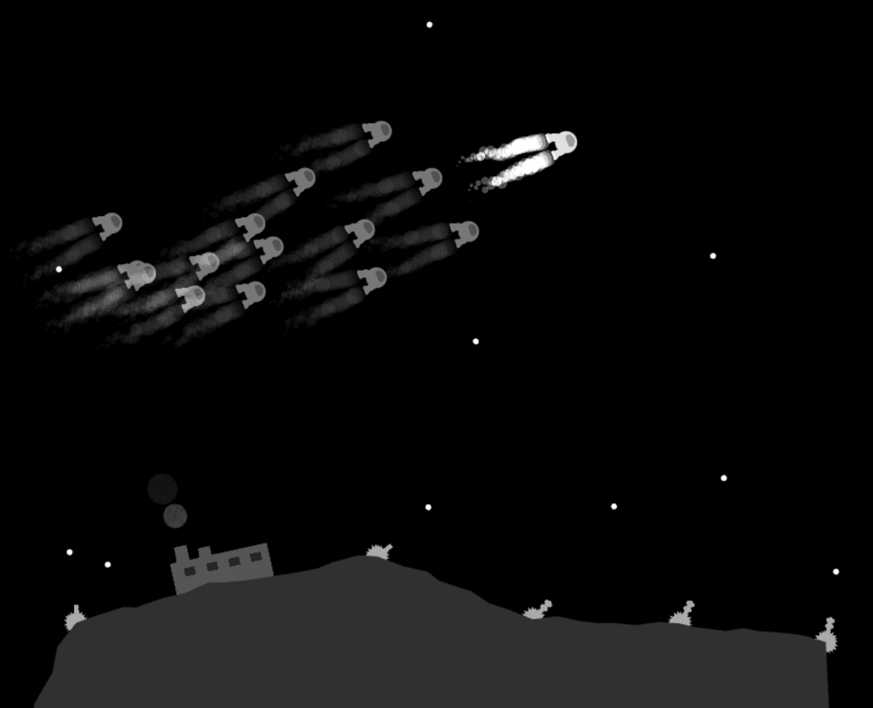 A spaceship, flying trailed by AIs, with turrets shooting bullets and a factory