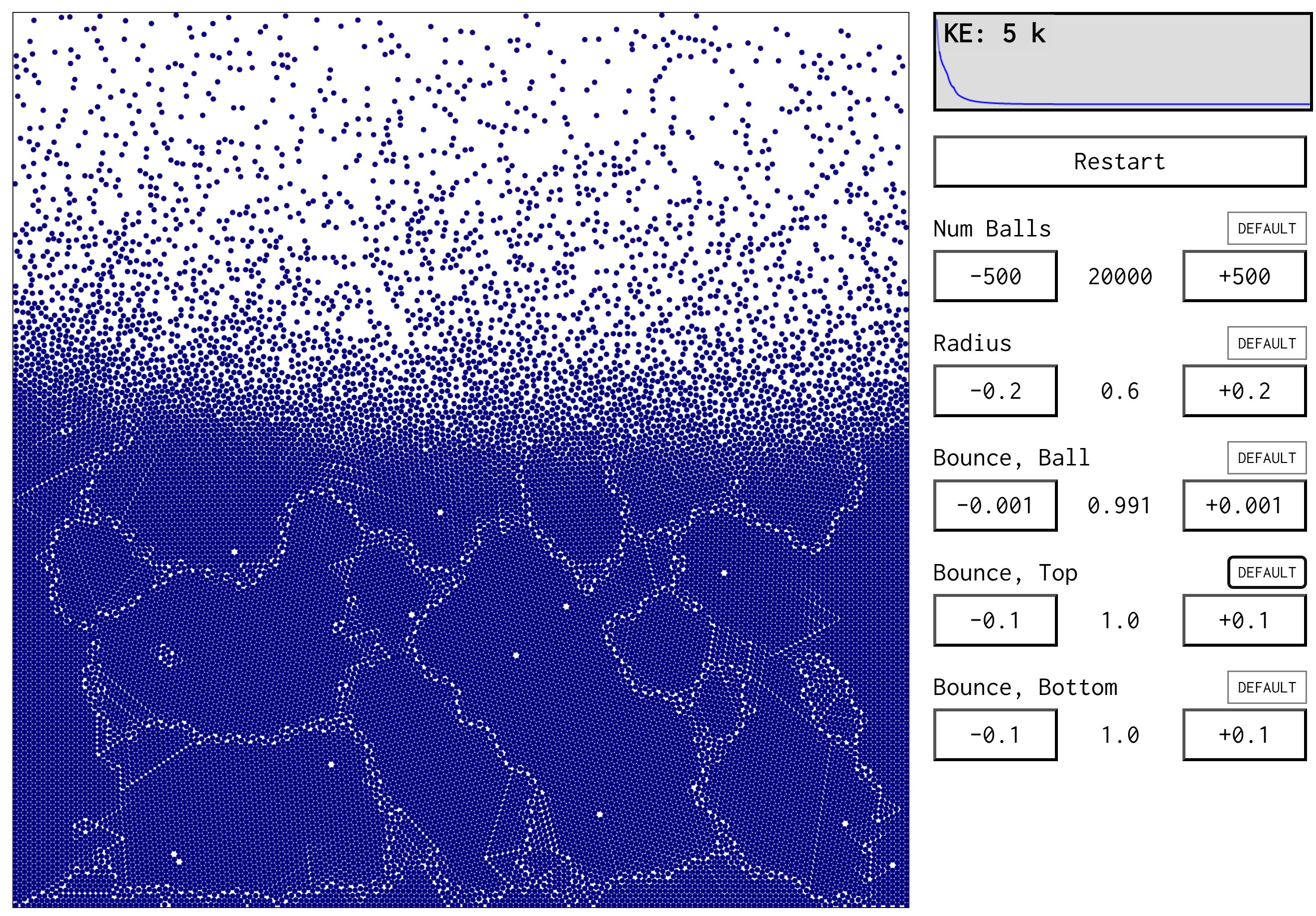 a large simulation of 20,000 balls, having formed a crystal-like structure with patterns of 'dislocations'