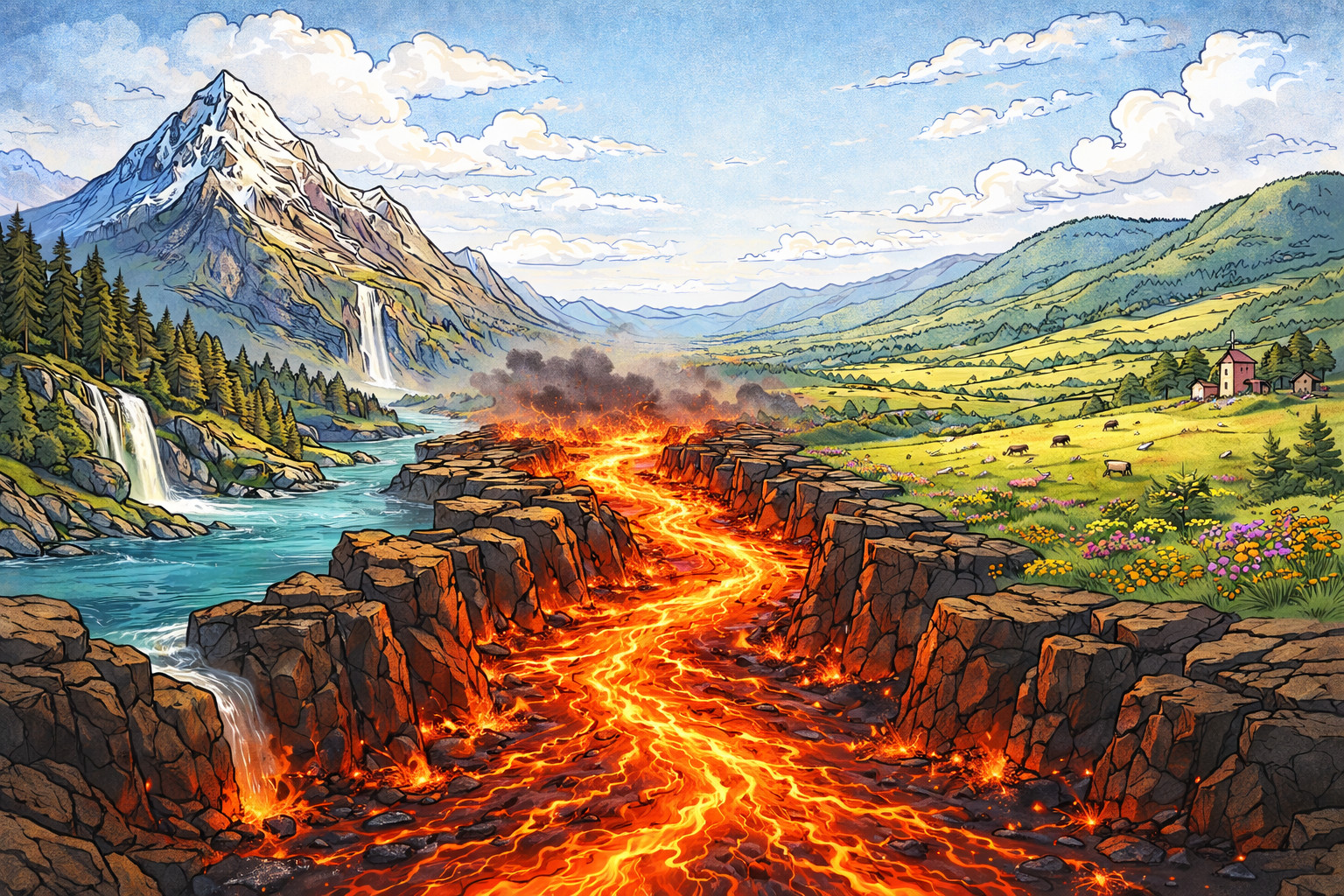 AI-generated image of beautiful mountains on the left, rolling hills on the right, and a river of fire in between; generated by ChatGPT